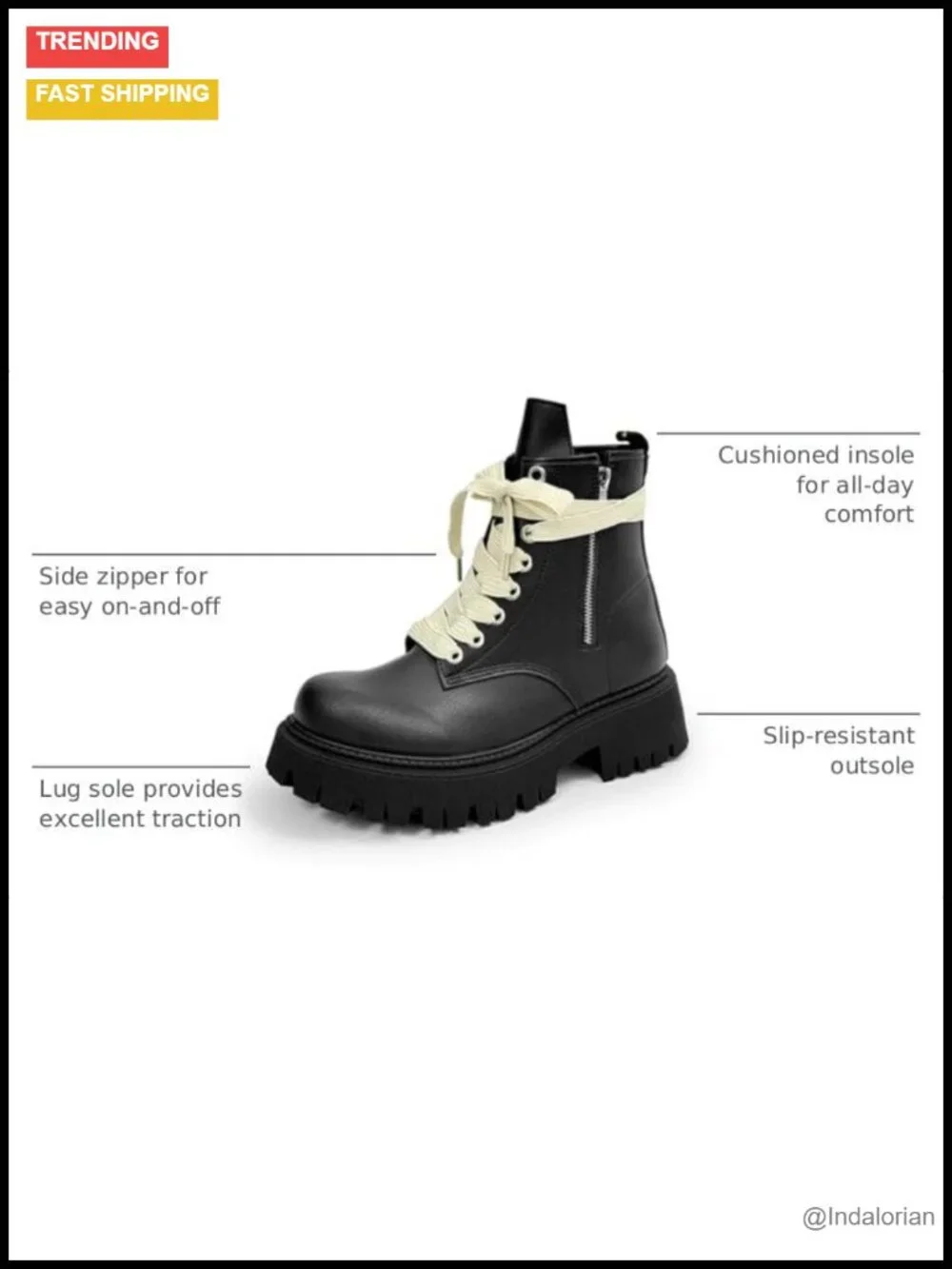 Men's Faux Leather Lace Up Ankle Combat Boots Side Zipper Chunky Heel Lug Sole